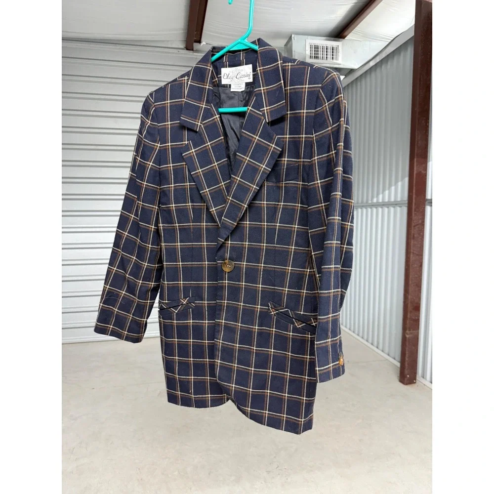 Oleg Cassini Vintage Navy Blue Plaid Wool Blend Blazer Jacket Men Size 40R